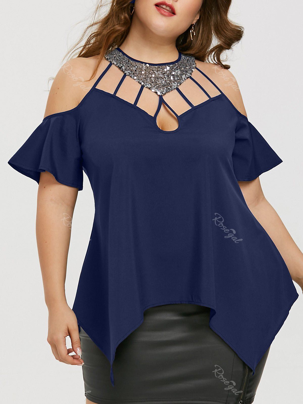 

Plus Size Bell Sleeve Sequined Blouse, Deep blue