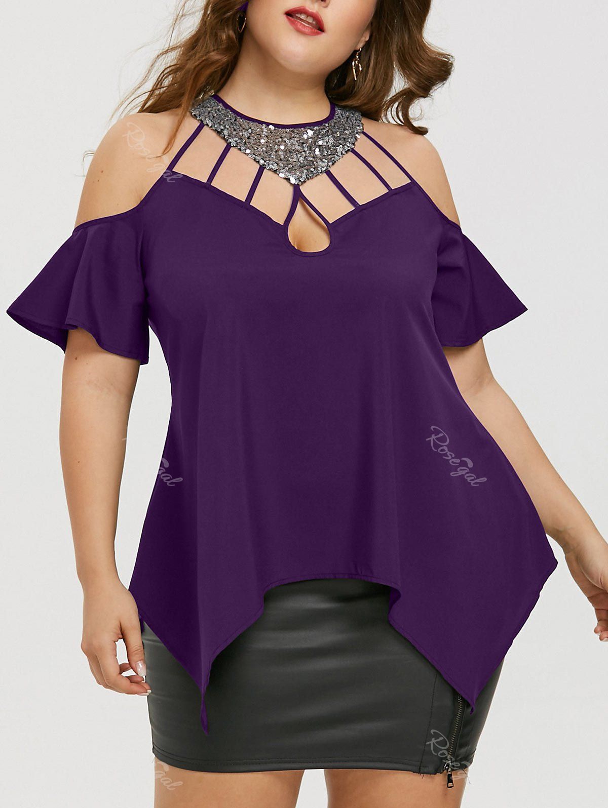 

Plus Size Bell Sleeve Sequined Blouse, Purple