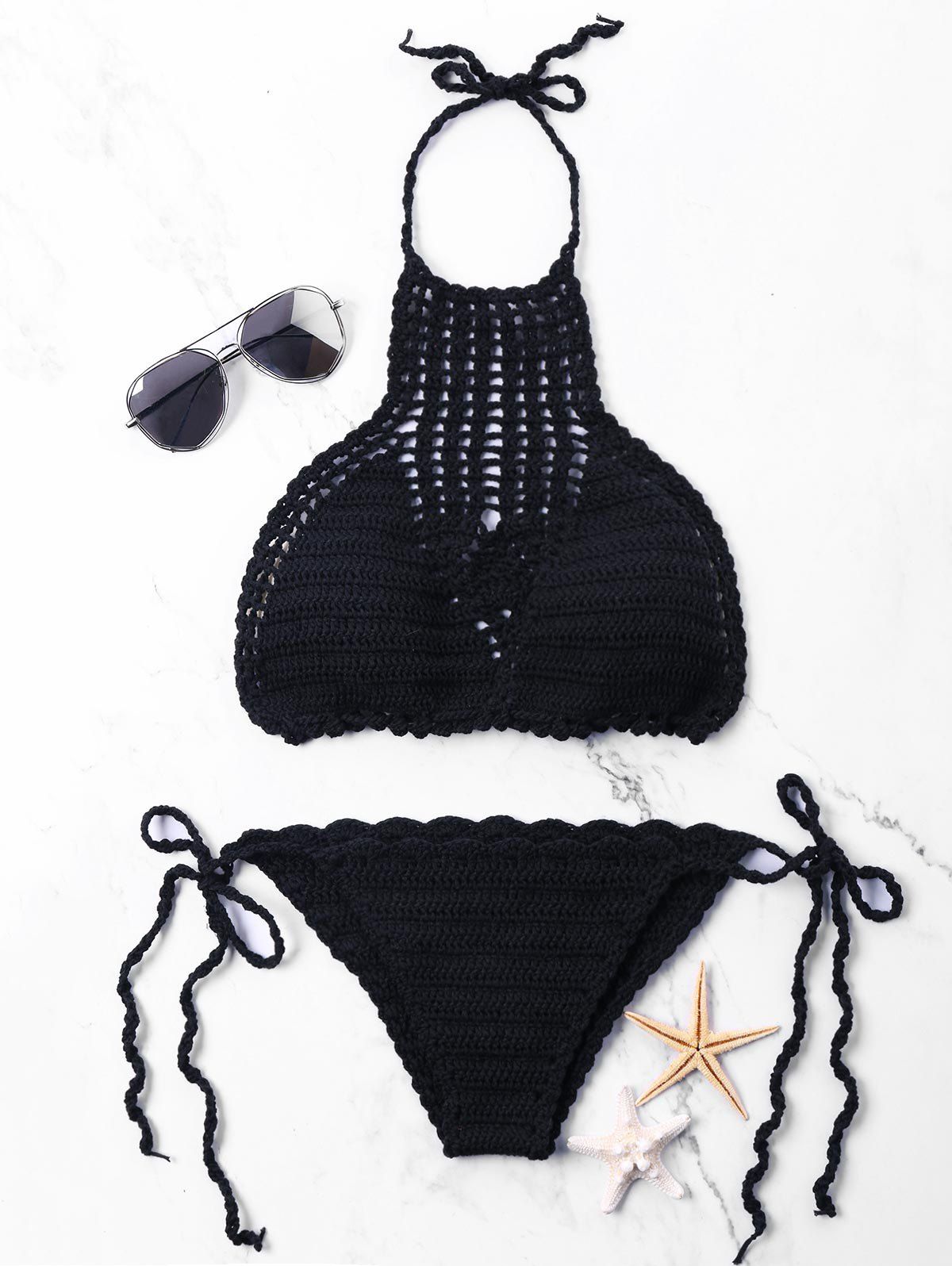 

Halter Hollow Out Knit Bikini Set, Black