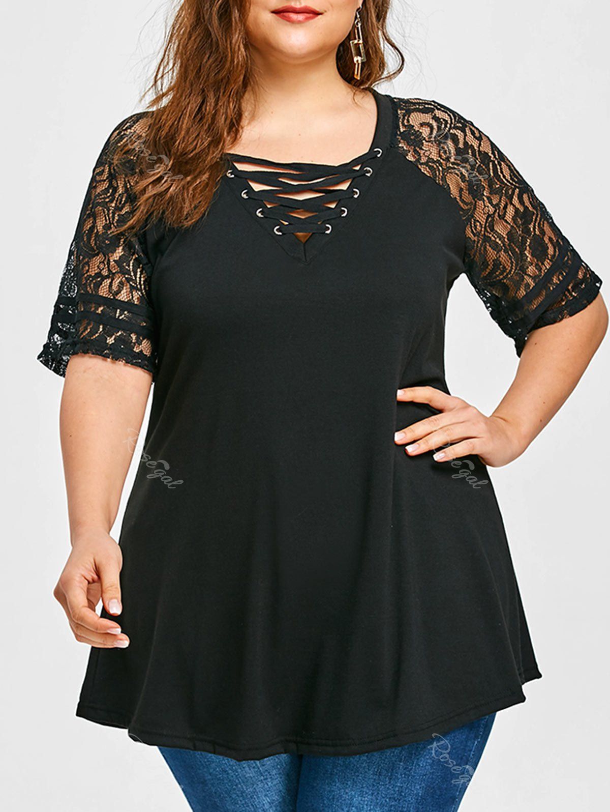 

Lace Raglan Sleeve Plus Size T-shirt, Black