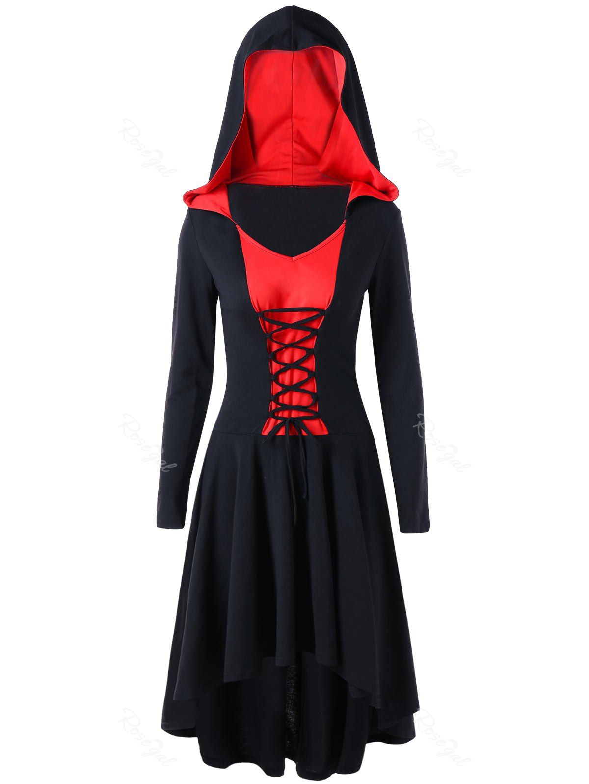 

Plus Size Two Tone Hooded Dip Hem Dress, Black and red