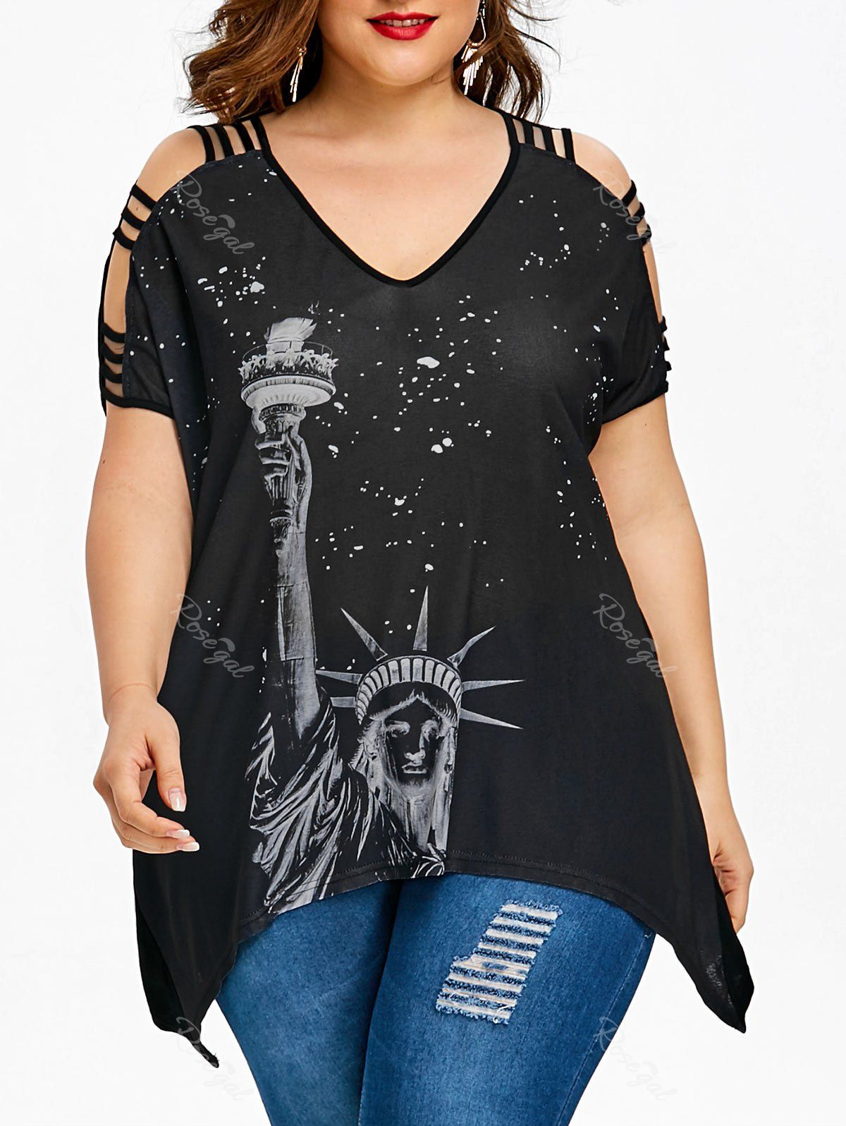 2019 ladder cut out plus size printed t shirt