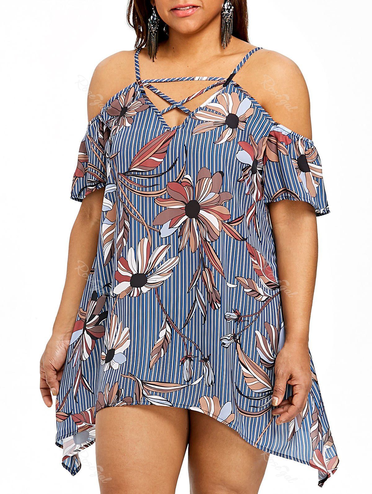 

Plus Size Floral Cold Shoulder Crescent Hem Dress, Blue