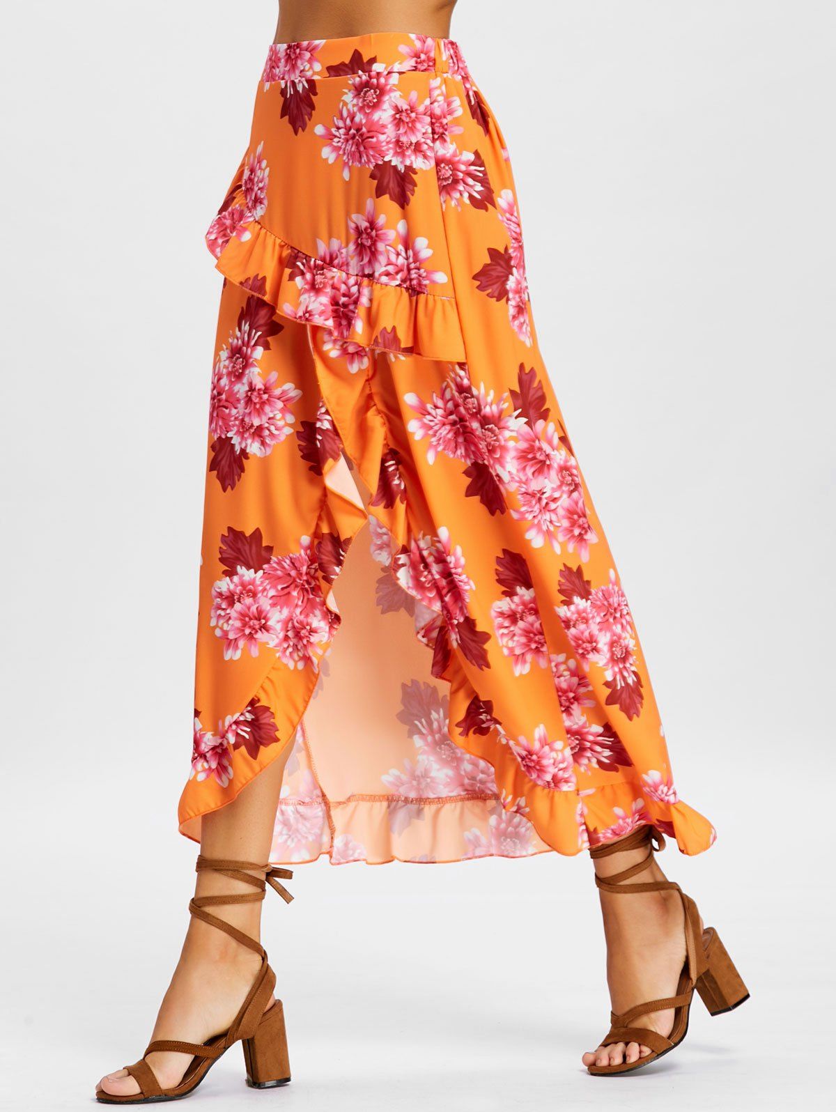 

Ruffle Print Maxi Asymmetric Skirt, Bright orange