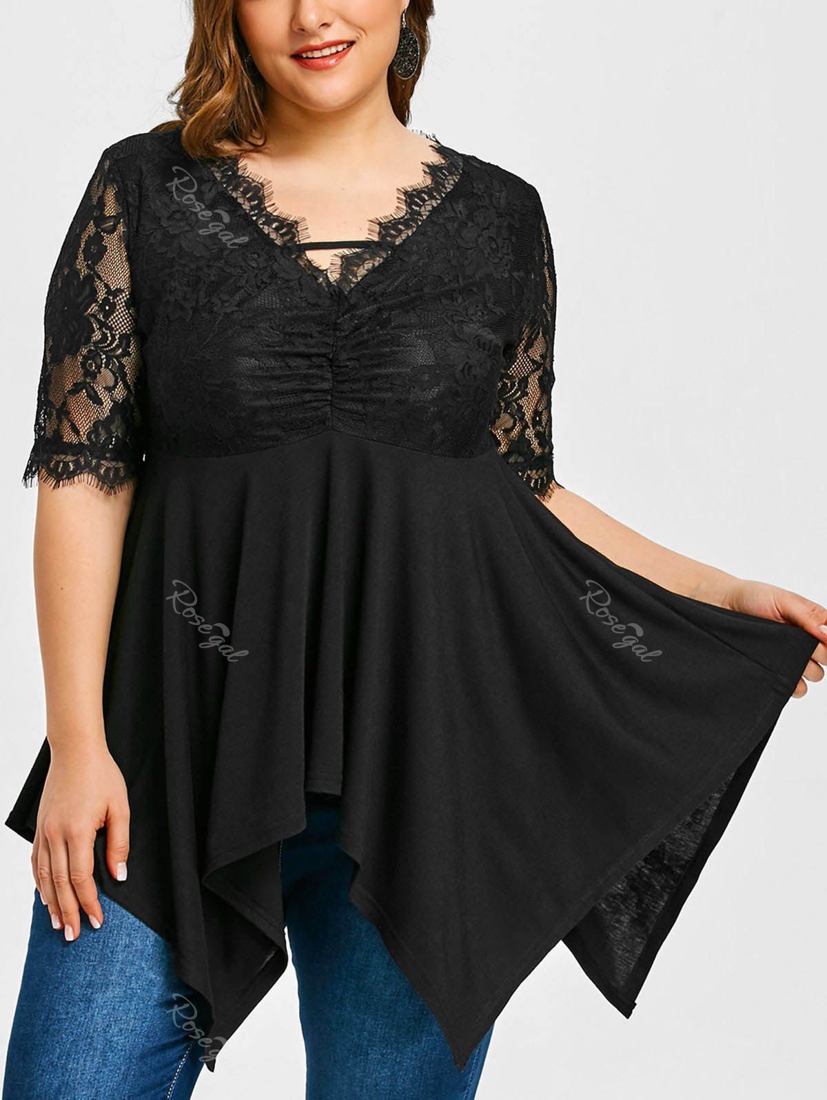 

Lace Panel Plus Size Empire Waist Handkerchief T-shirt, Black