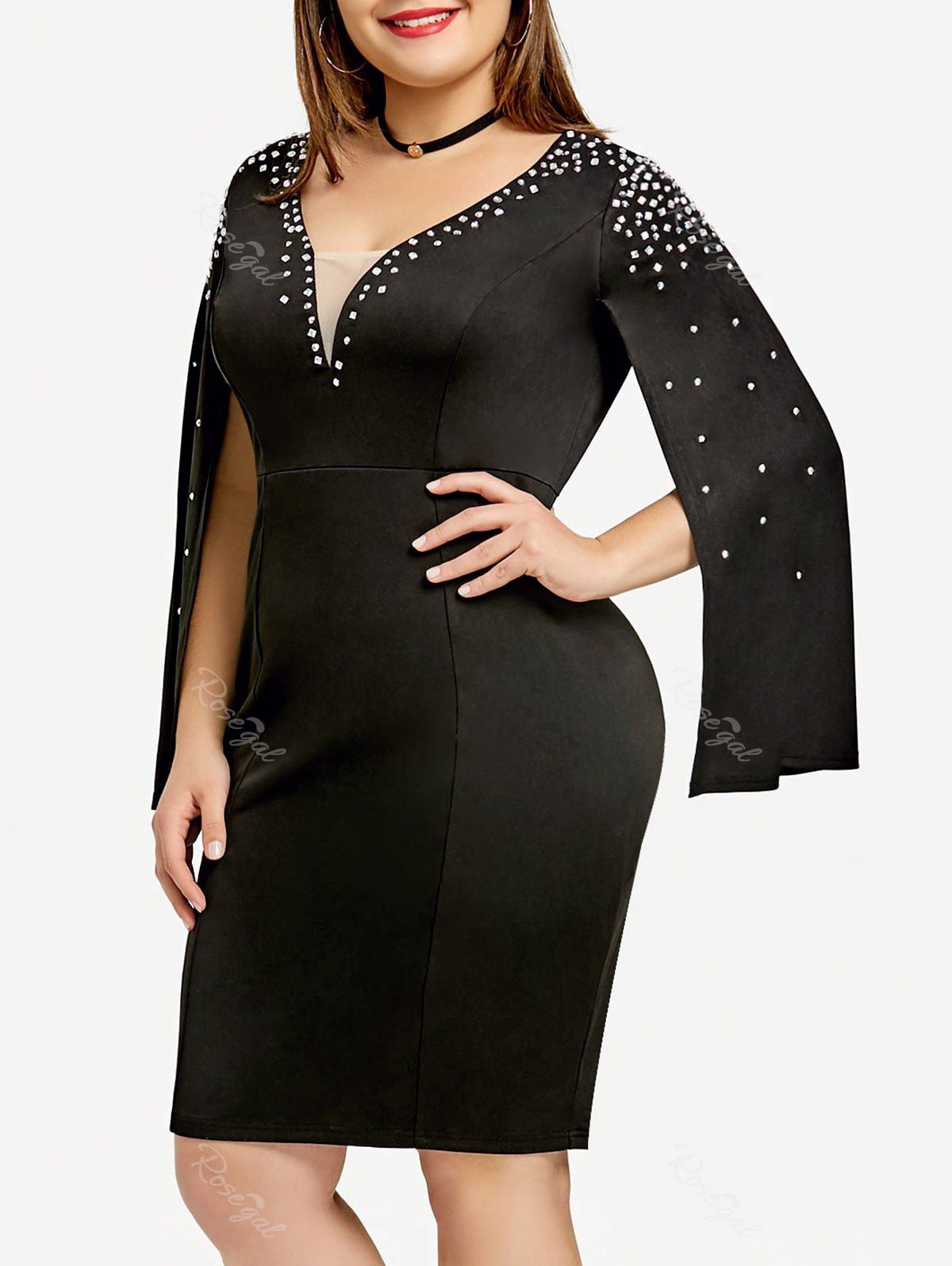 [31% OFF] Plus Size Rhinestone Split Sleeve Fitted Dress | Rosegal