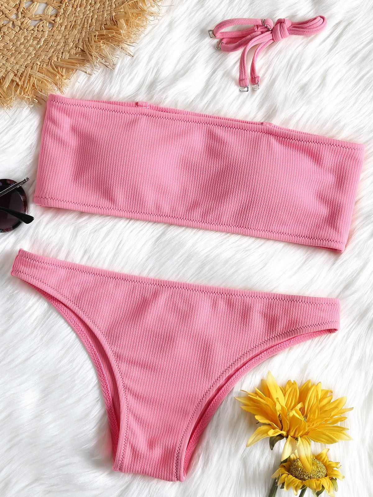 Ensemble Bikini Bandeau Côtelé Rose  L