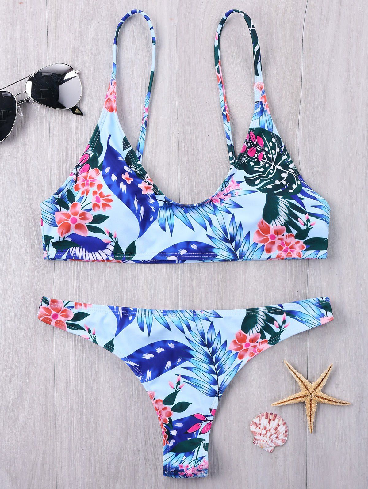 

Floral Leaf Print Cami Strap Bikini, Colormix