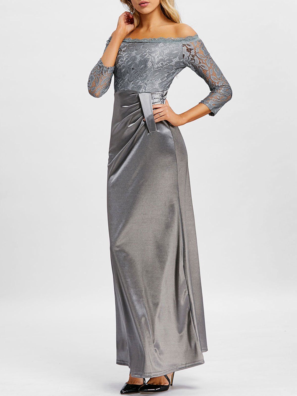 

Lace Insert Off The Shoulder Maxi Prom Dress, Gray