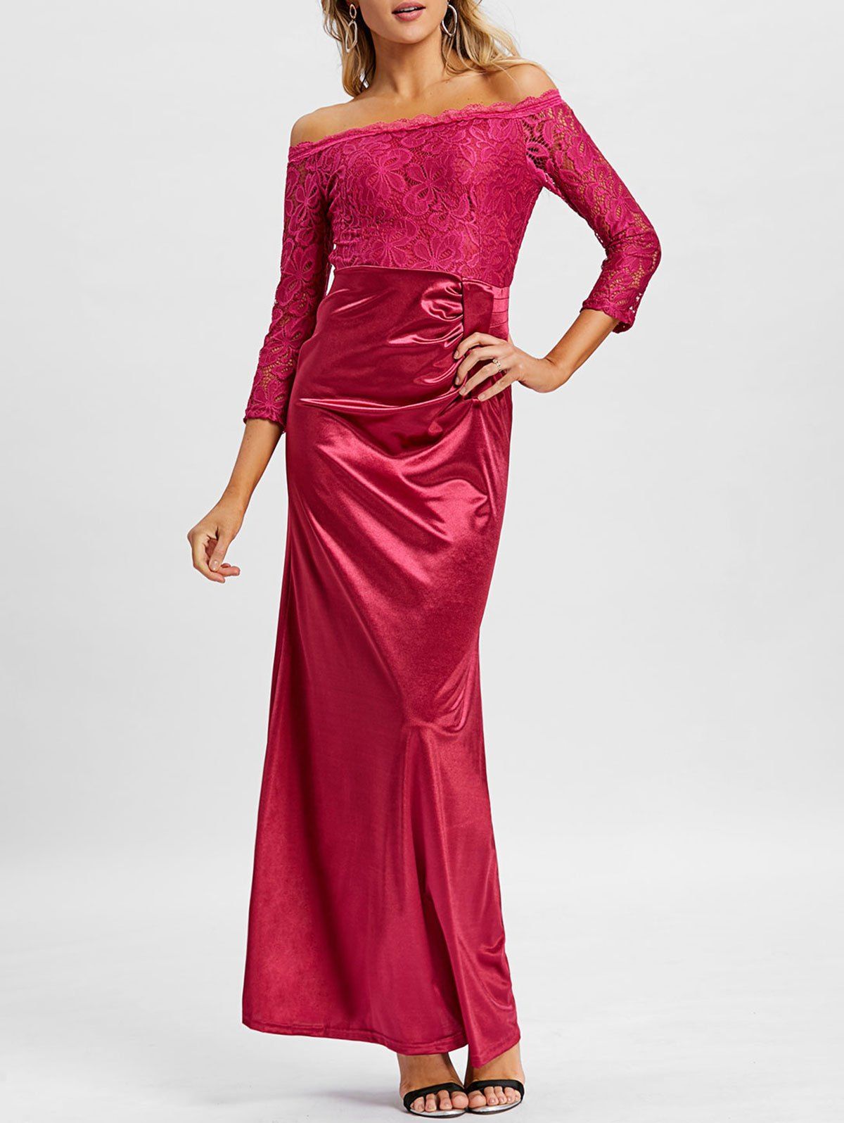 

Lace Insert Off The Shoulder Maxi Prom Dress, Claret