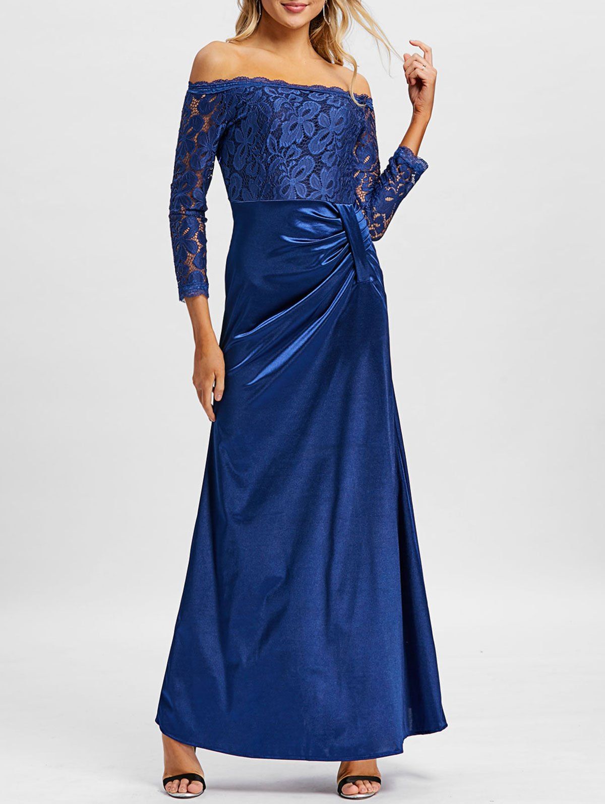 

Lace Insert Off The Shoulder Maxi Prom Dress, Deep blue