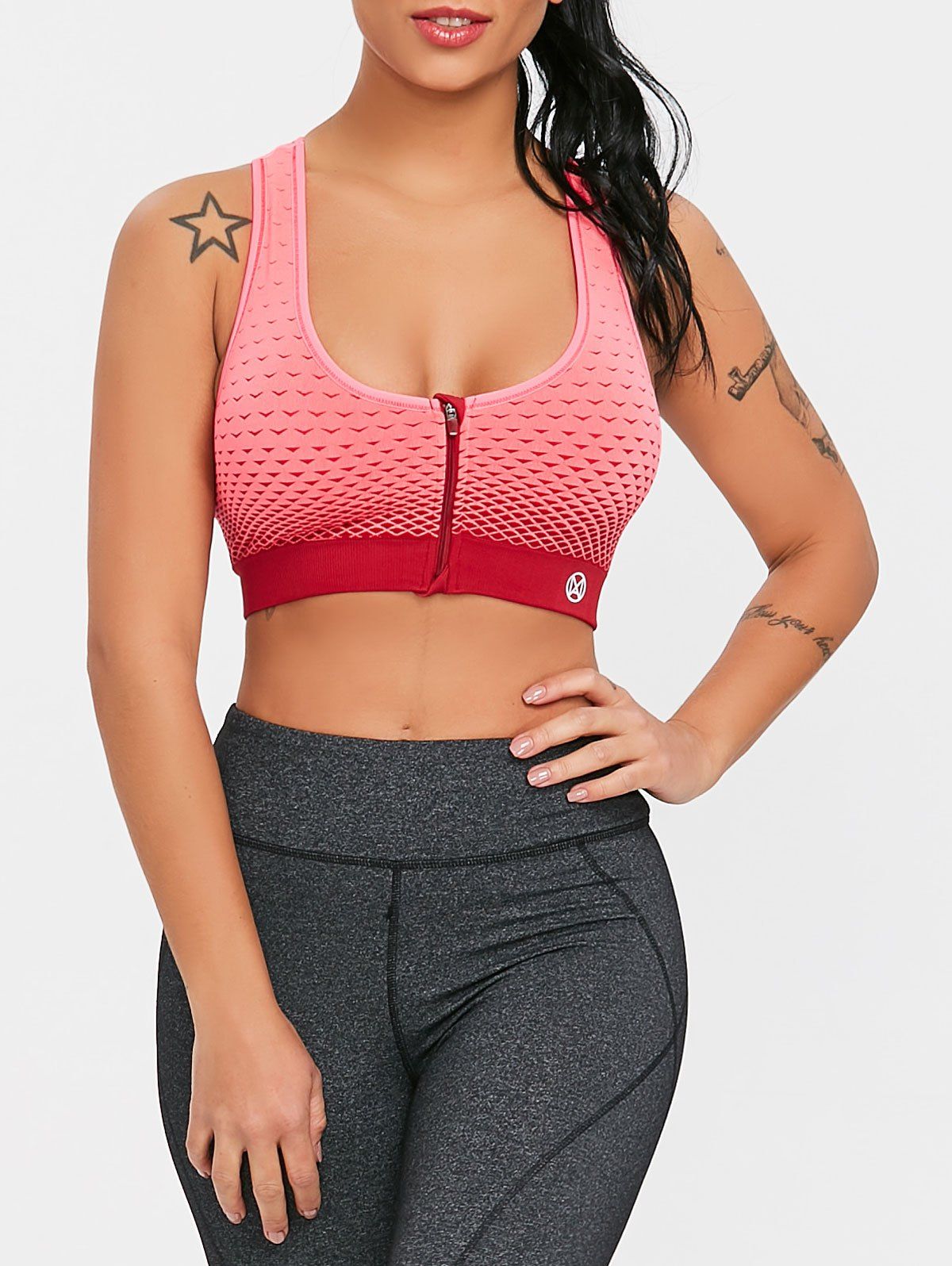 

Ombre Front Zipper Running Bra, Deep pink