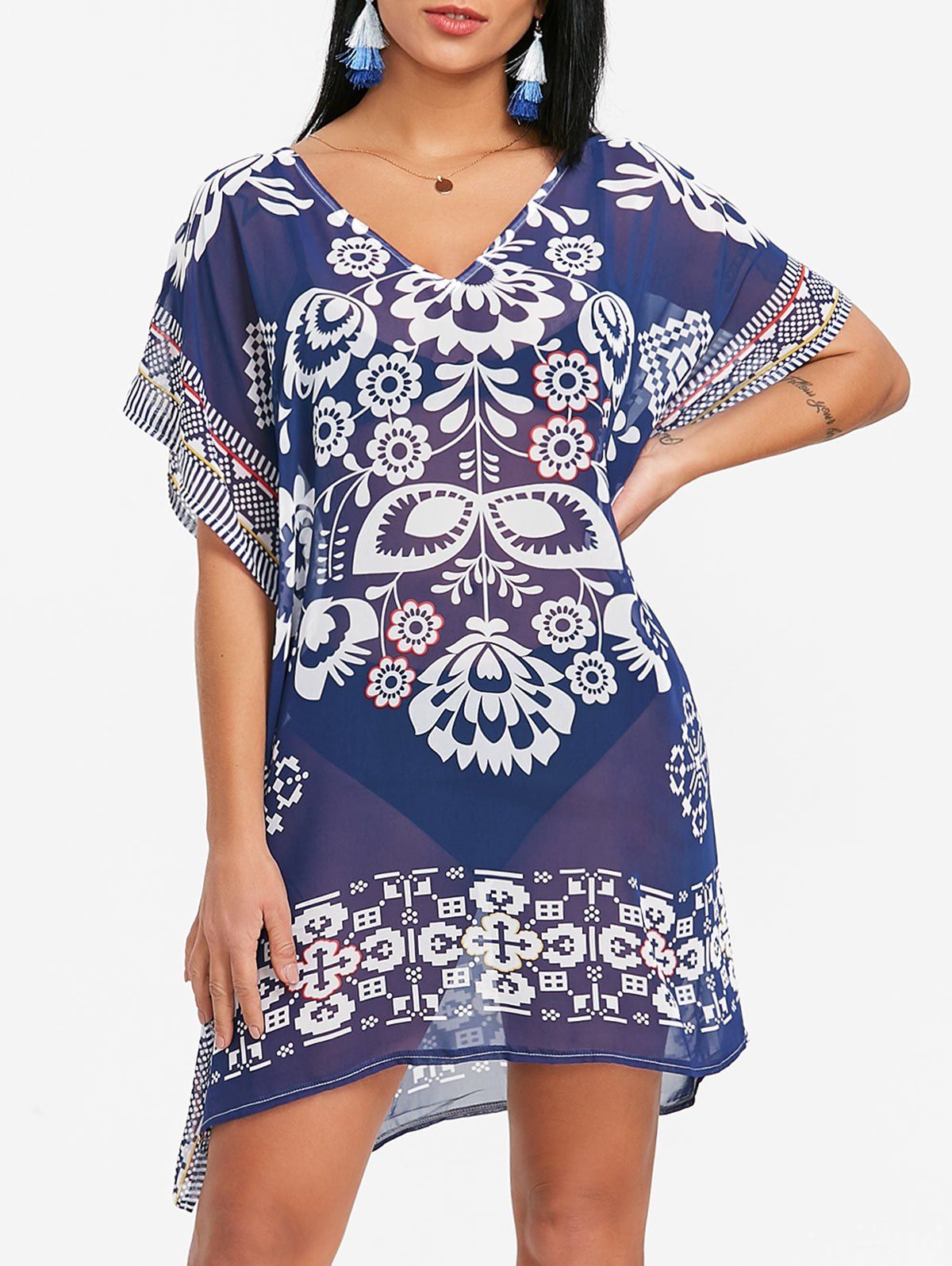 37 Off Chiffon Ethnic Print Kaftan Beach Dress Rosegal