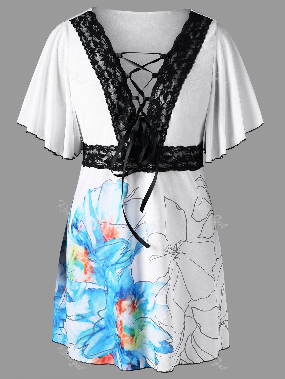 

Plus Size Floral Lace Up Plunging T-shirt, White