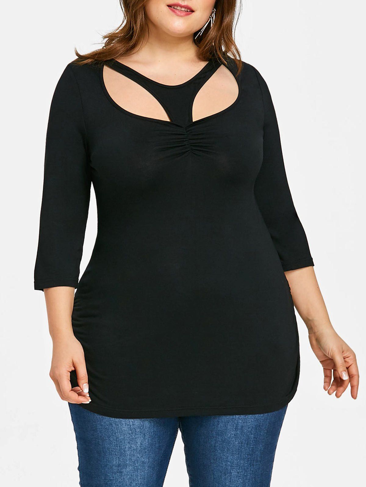 

Plus Size Cutout Three Quarter Sleeve Tunic T-shirt, Black