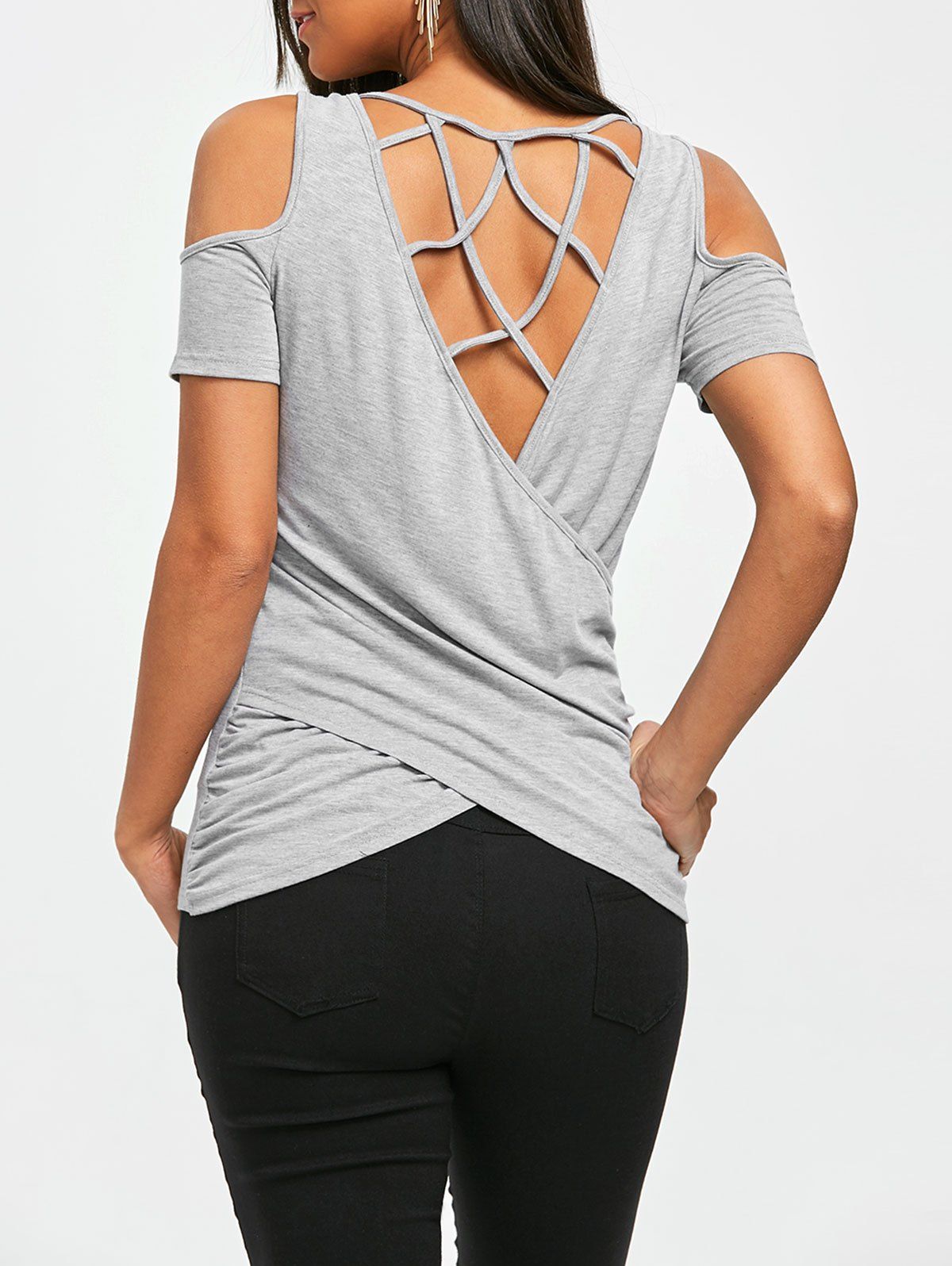 

Cold Shoulder Lattice Cutout T-shirt, Light gray