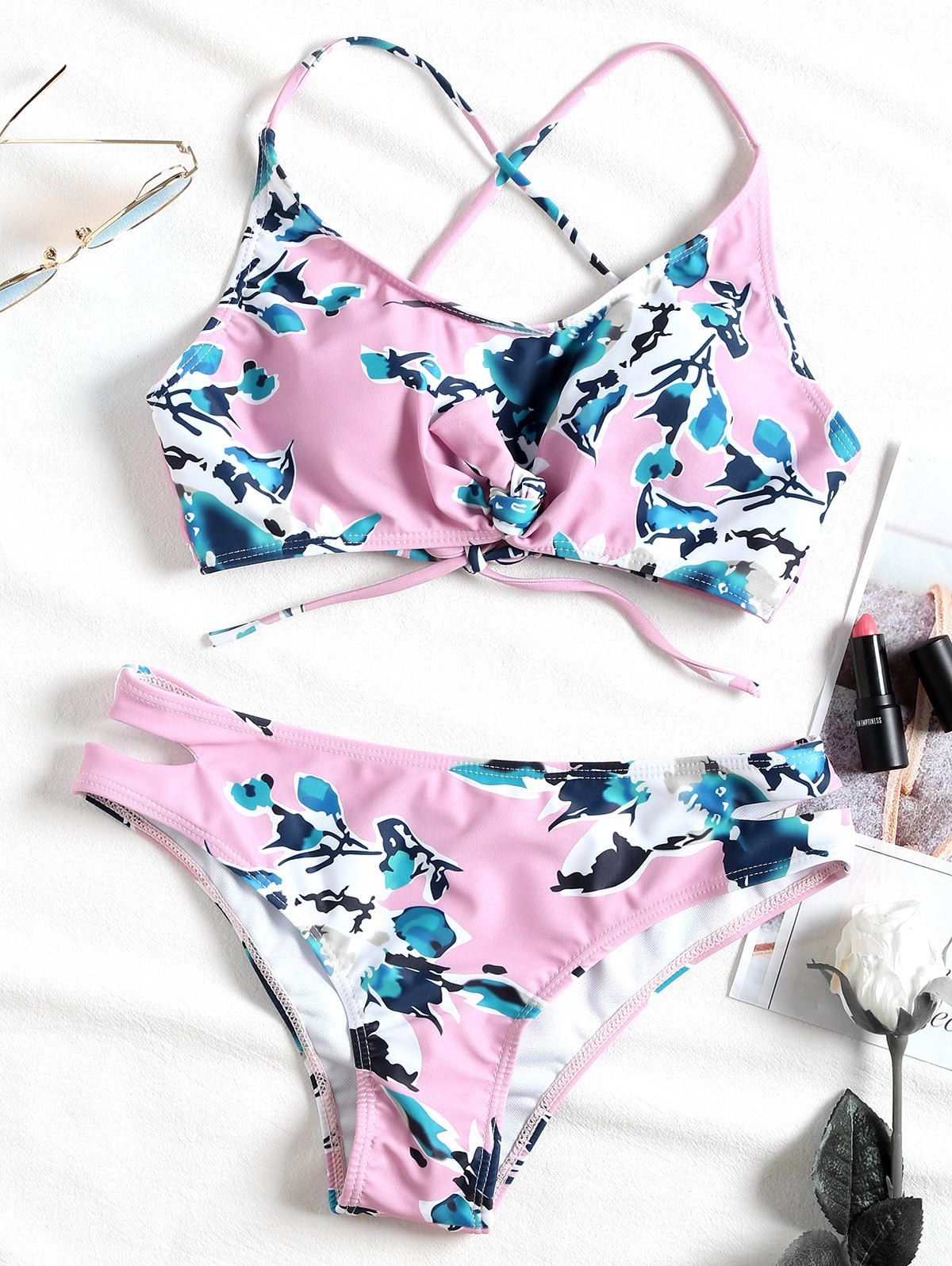 

Criss Cross Print Low Waist Bikini, Light pink