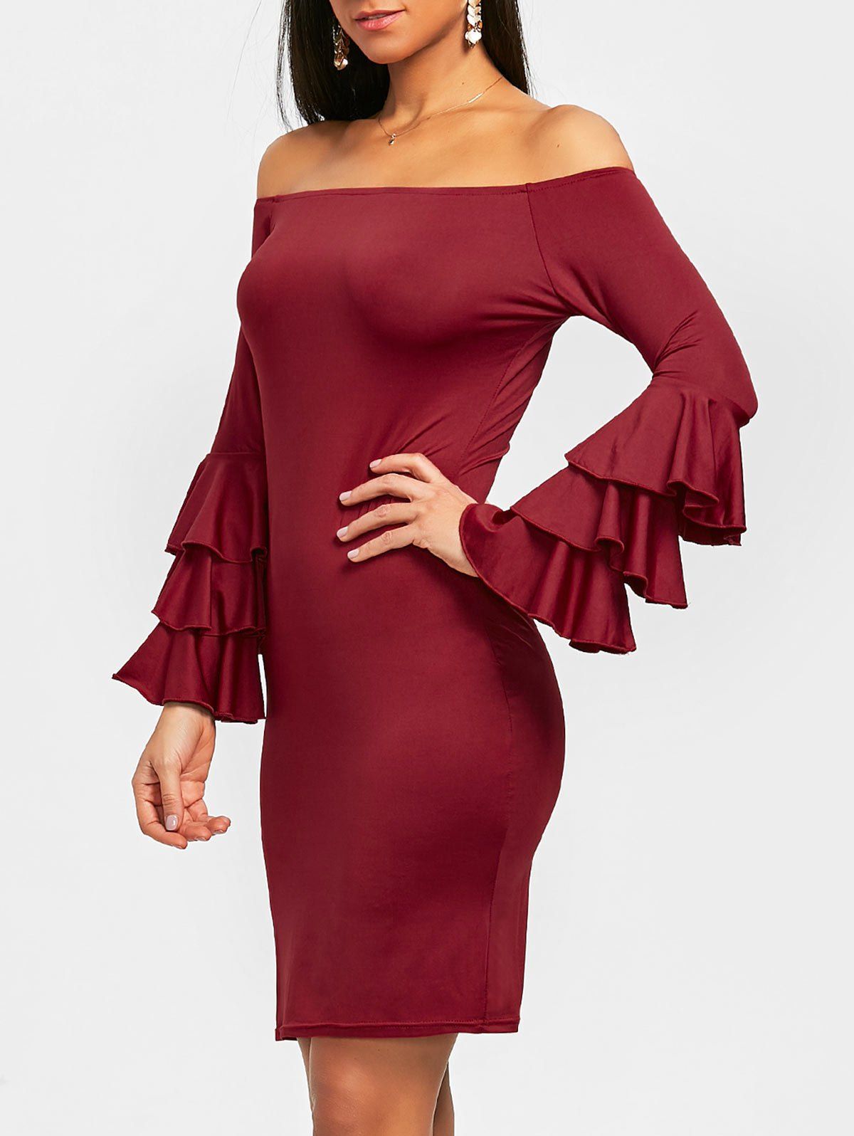 

Flare Sleeve Off Shoulder Mini Bodycon Dress, Wine red