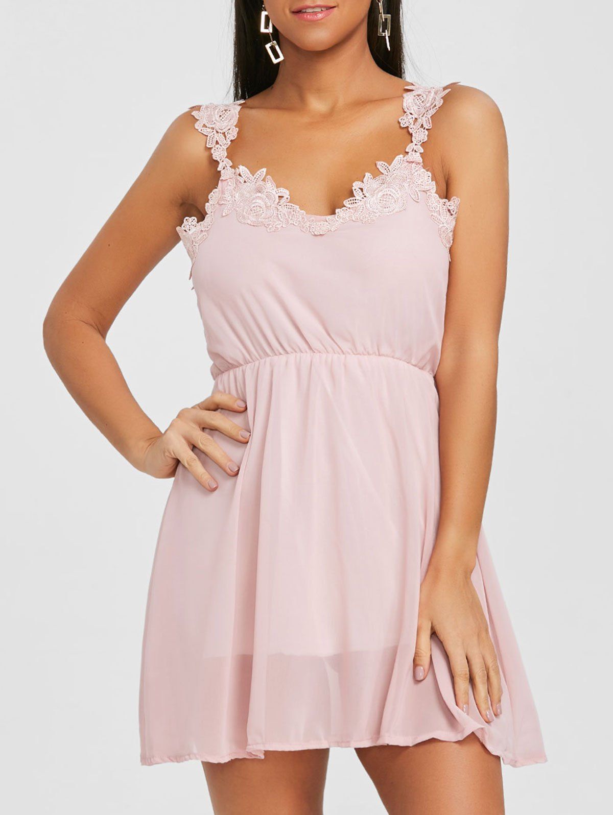 

Lace Insert Chiffon Flare Dress, Shallow pink