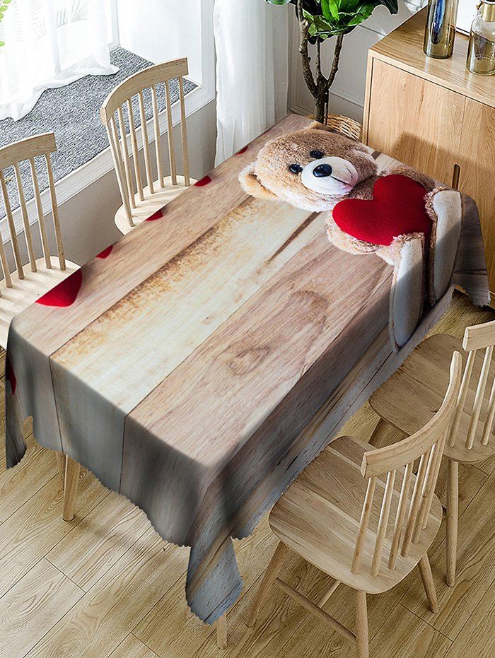 

Teddy Bear Heart Wood Print Fabric Table Cloth, Wood color