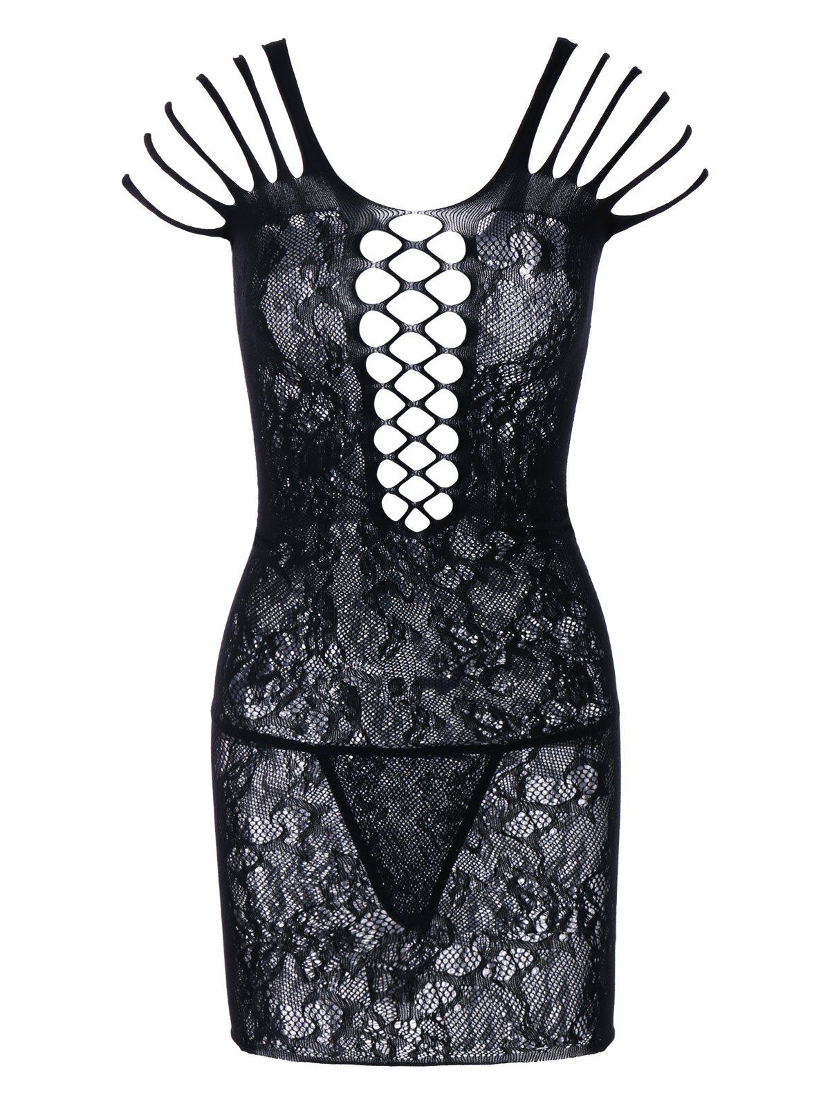 

Caged Cutout Sheer Mini Lace Dress, Black