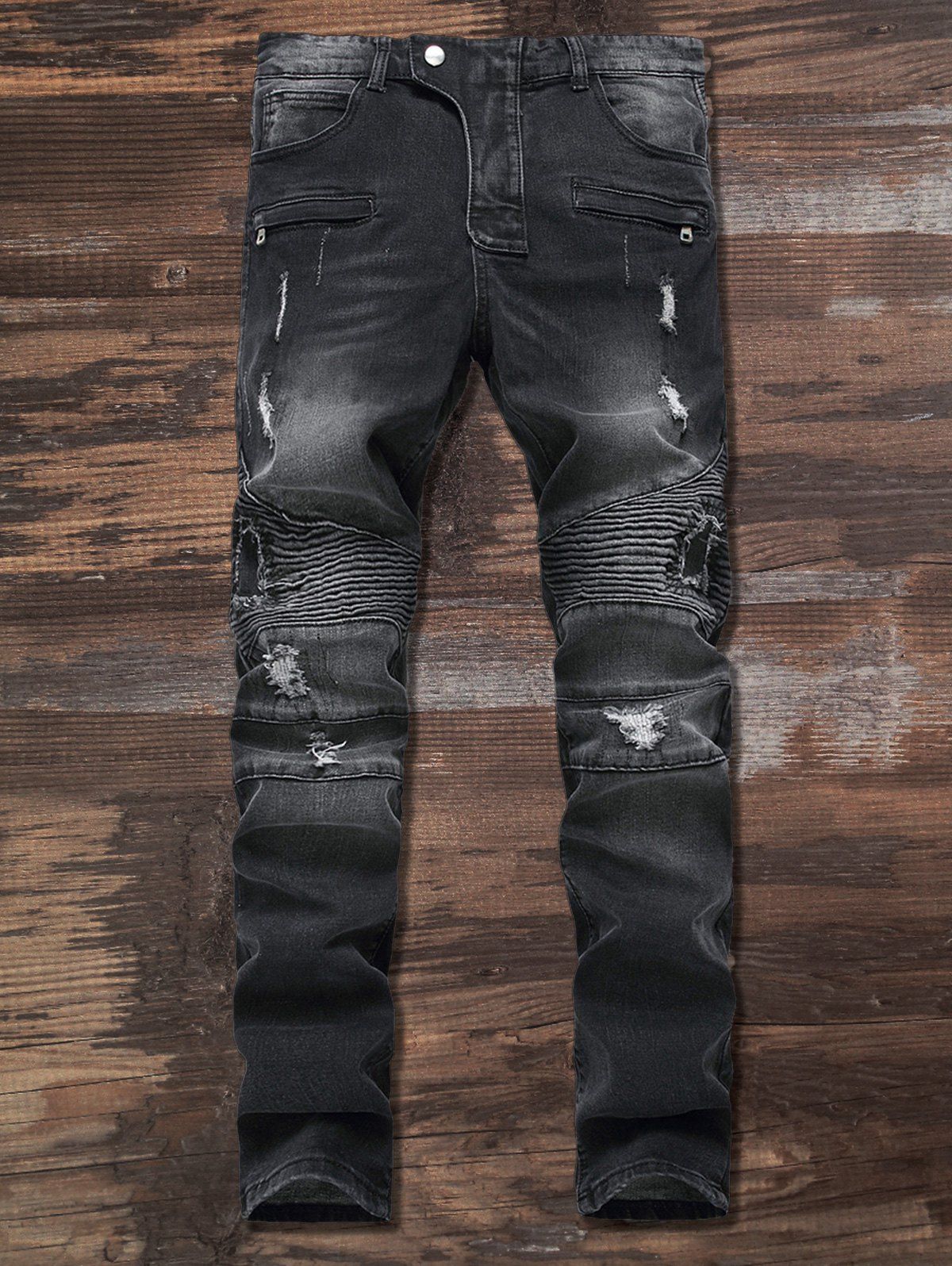 

Ripped Slim Fit Zip Moto Jeans, Black