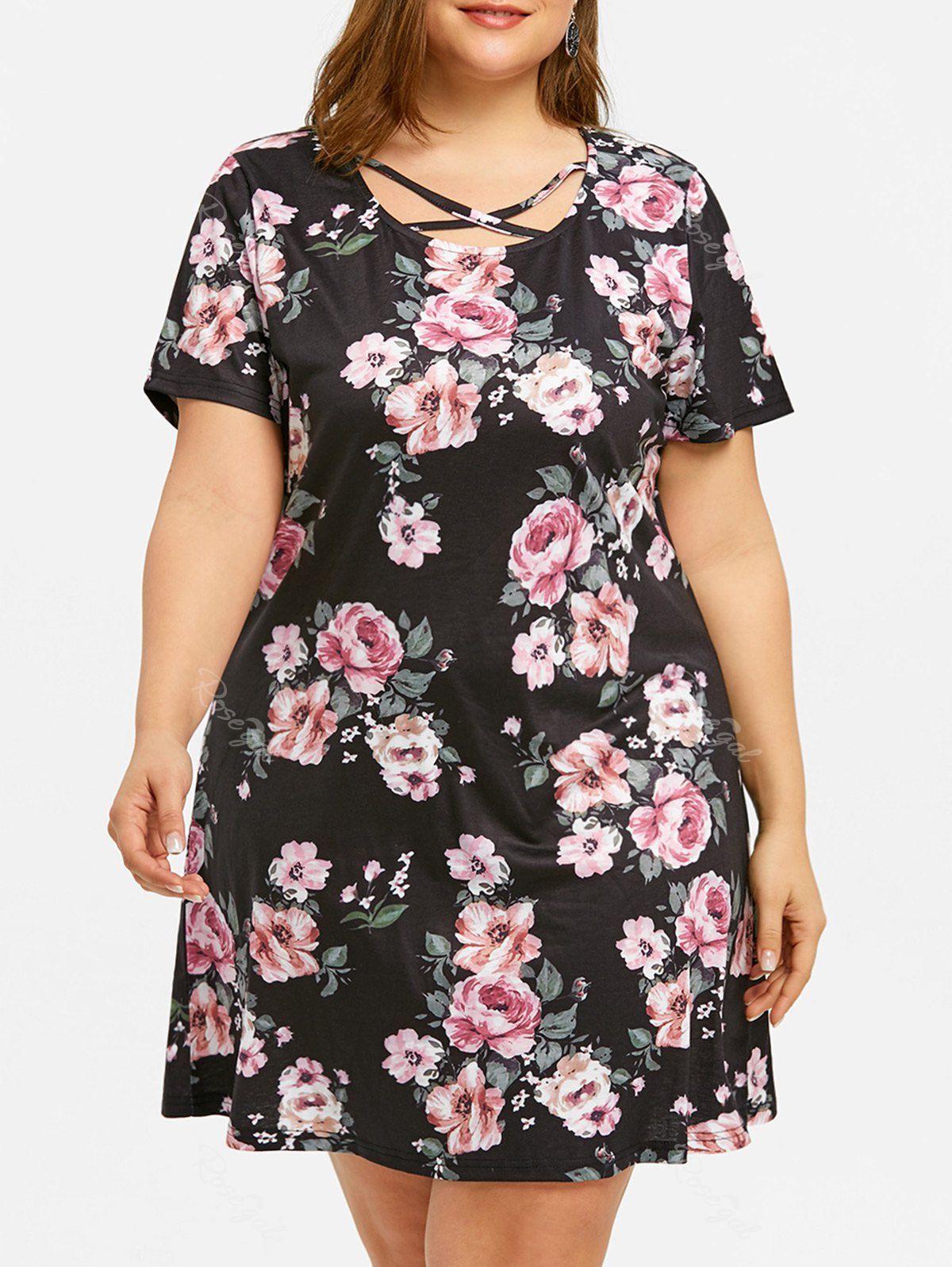 

Plus Size Printed Criss Cross Dress, Black