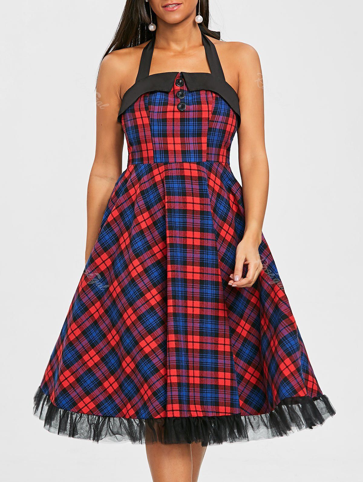 

Plaid Halter Fit and Flare Dress, Multi