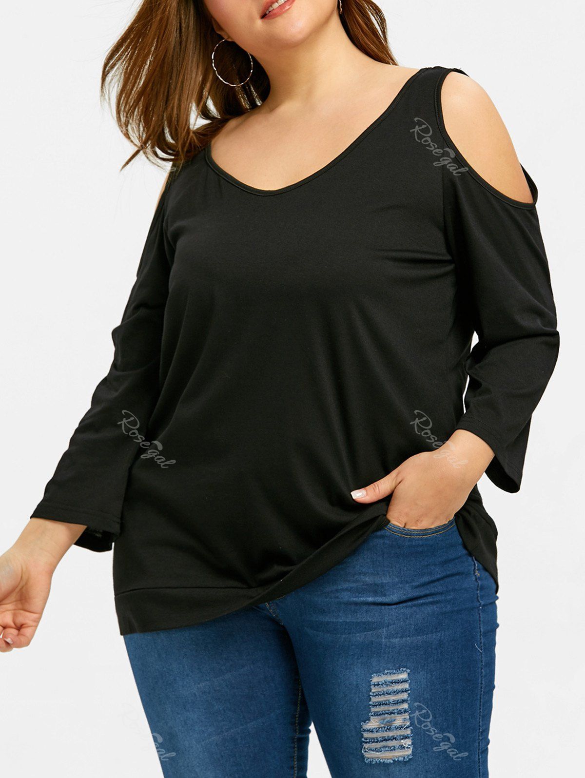 

Plus Size Back Criss Cross Cold Shoulder T-shirt, Black