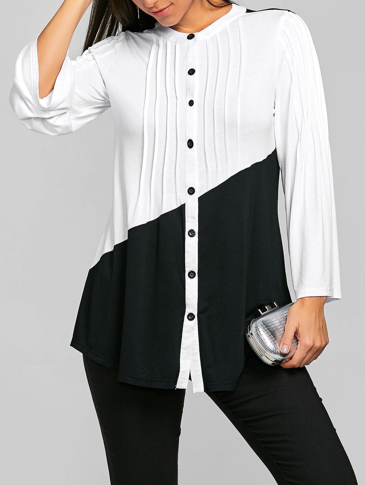 

Two Tone Pleated Long Sleeve Top, White and black