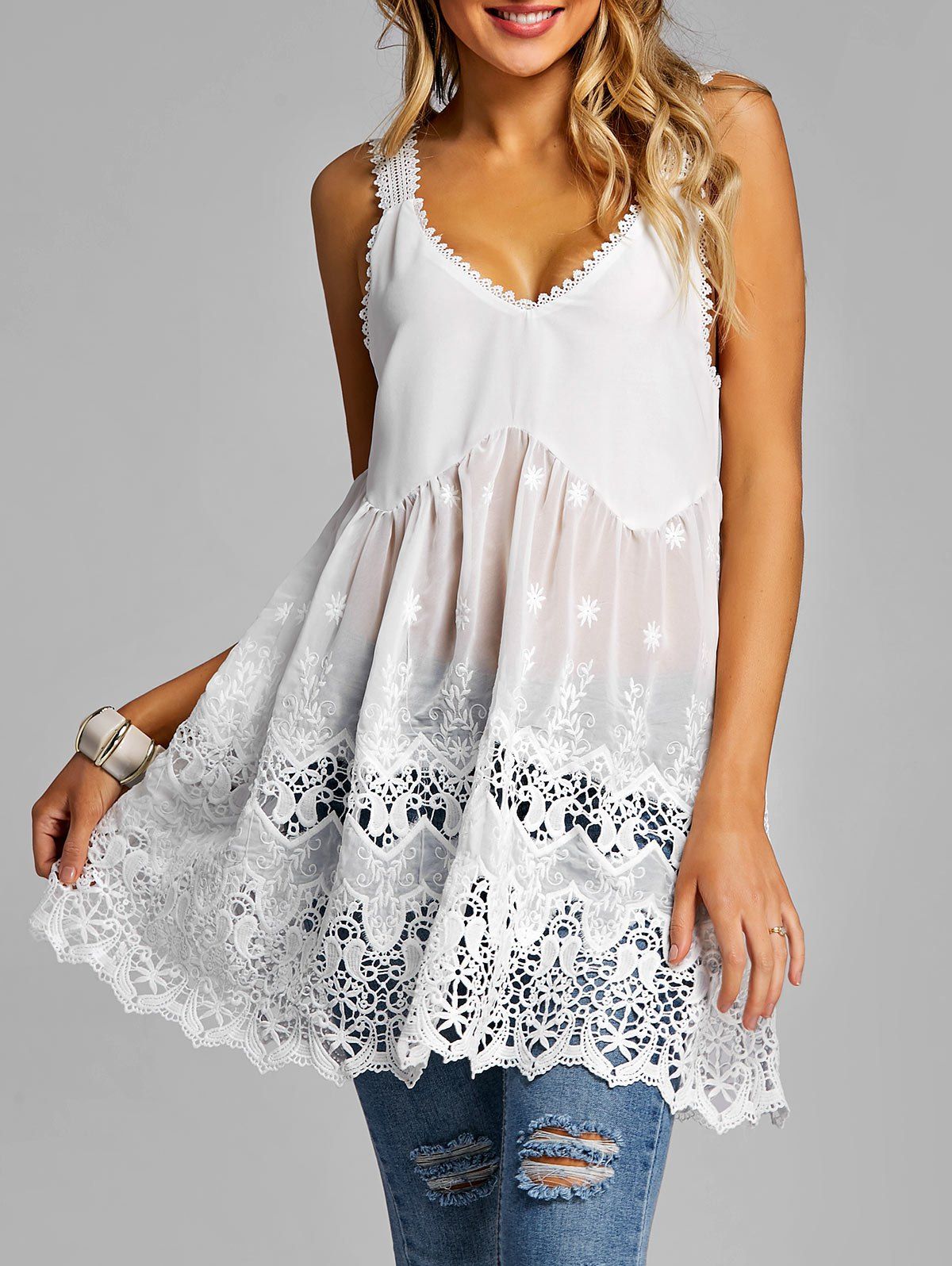 

Lace Panel Summer Tank Top, White
