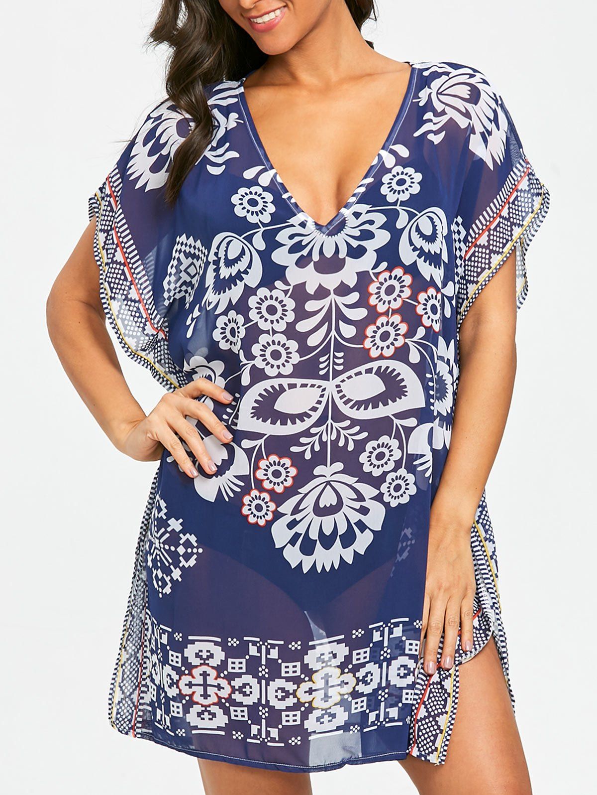 [44 OFF] See Thru Print Kaftan Cover Up Dress Rosegal
