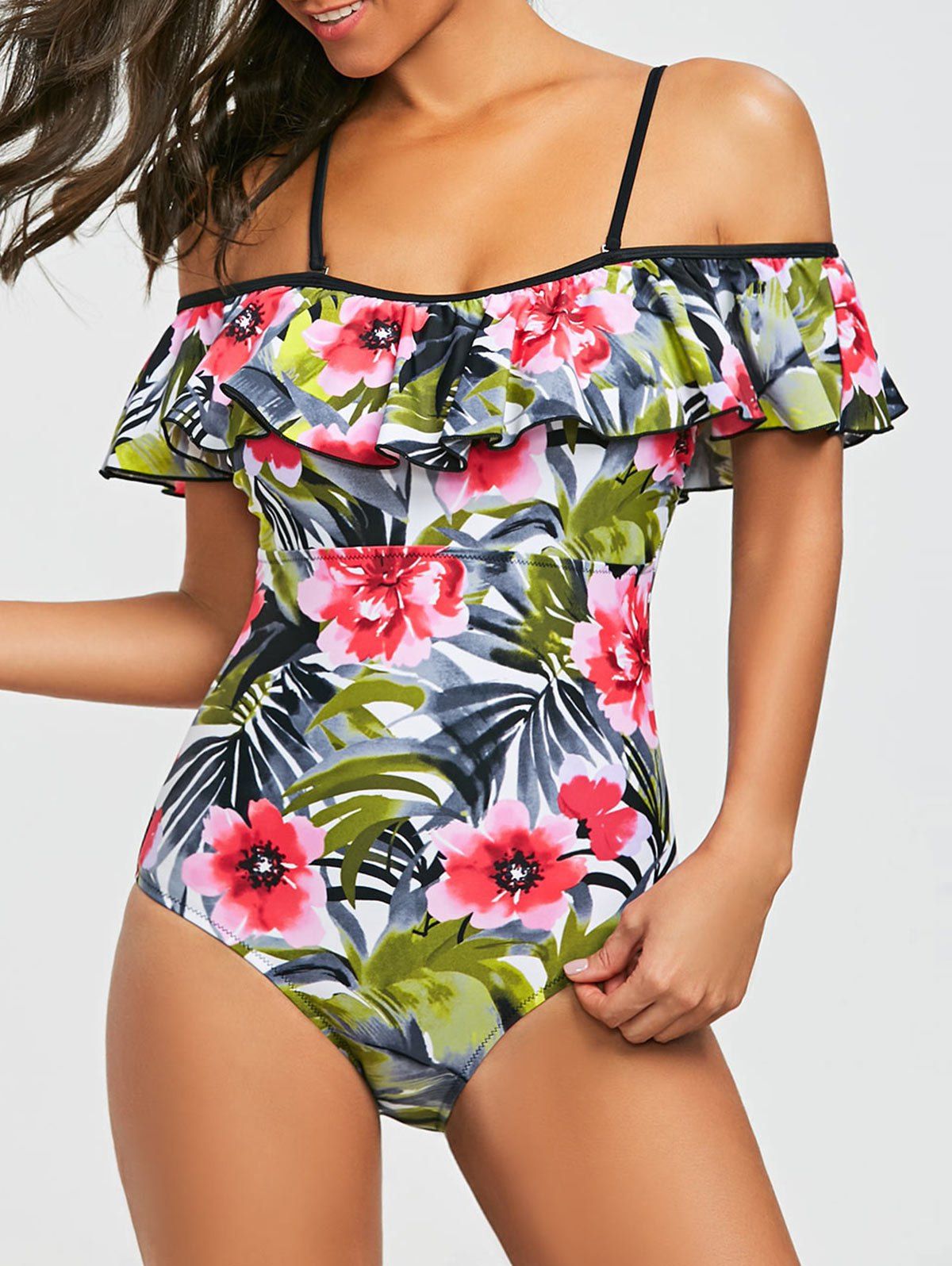 

Off Shoulder Flounce Flower Print Swimsuit, Black and pink