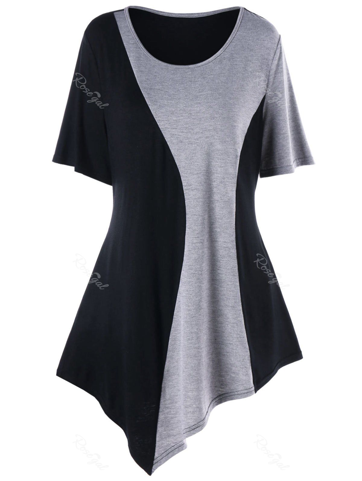 

Plus Size Two Tone Asymmetric Tunic T-shirt, Black and grey