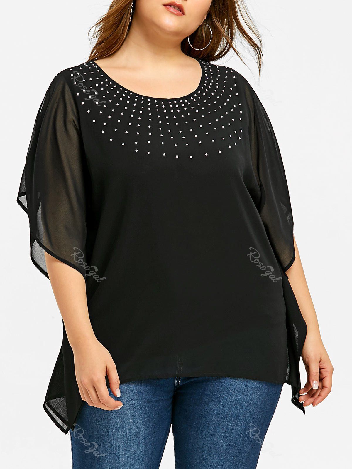 

Plus Size Slit Sleeve Beading Top, Black