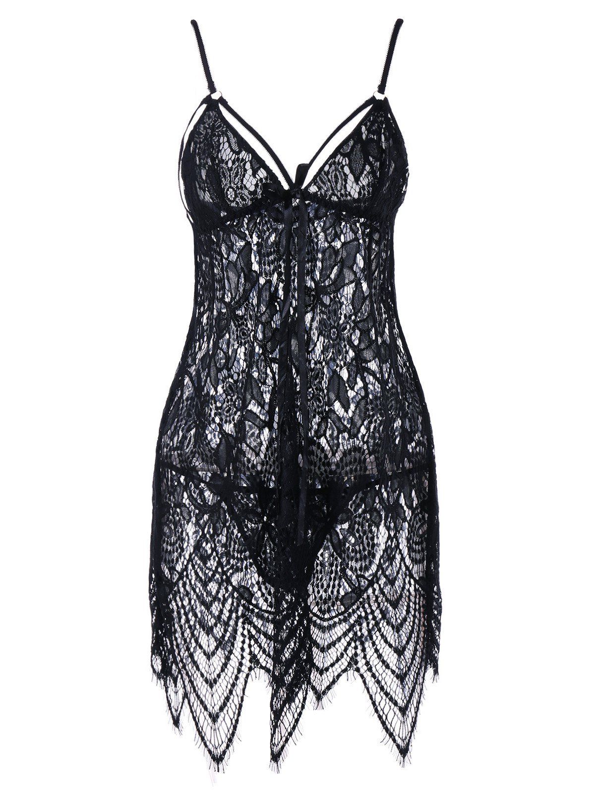 

Sheer Openwork Lace Asymmetric Cami Babydoll, Black