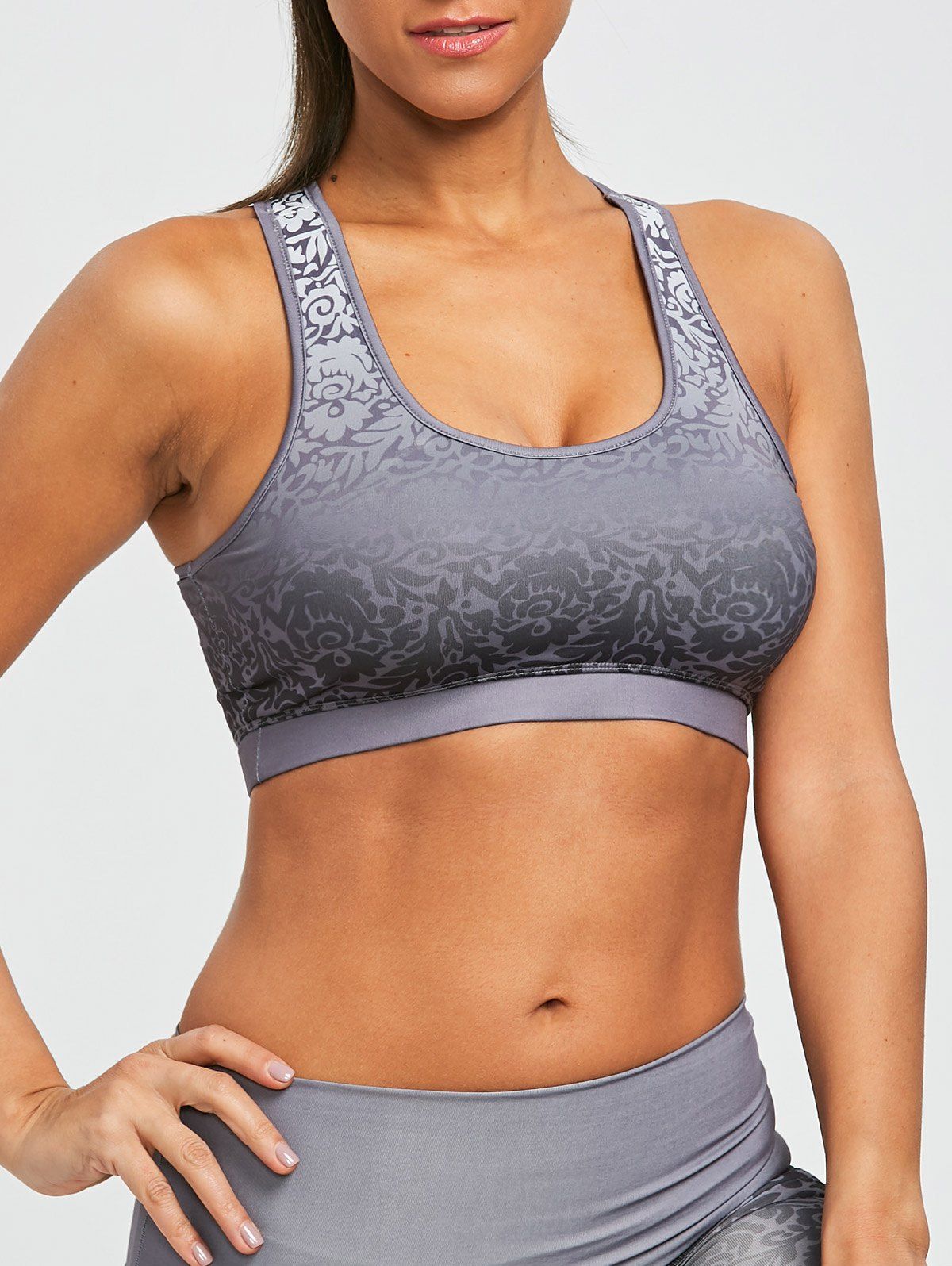 

Ombre Brocade Print Padded Active Sports Bra, Gray