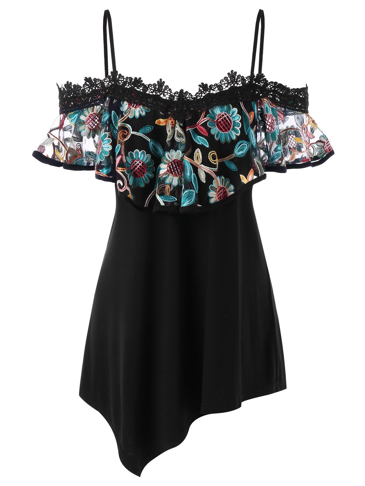 

Foldover Embroidery Floral Tunic T-shirt, Black