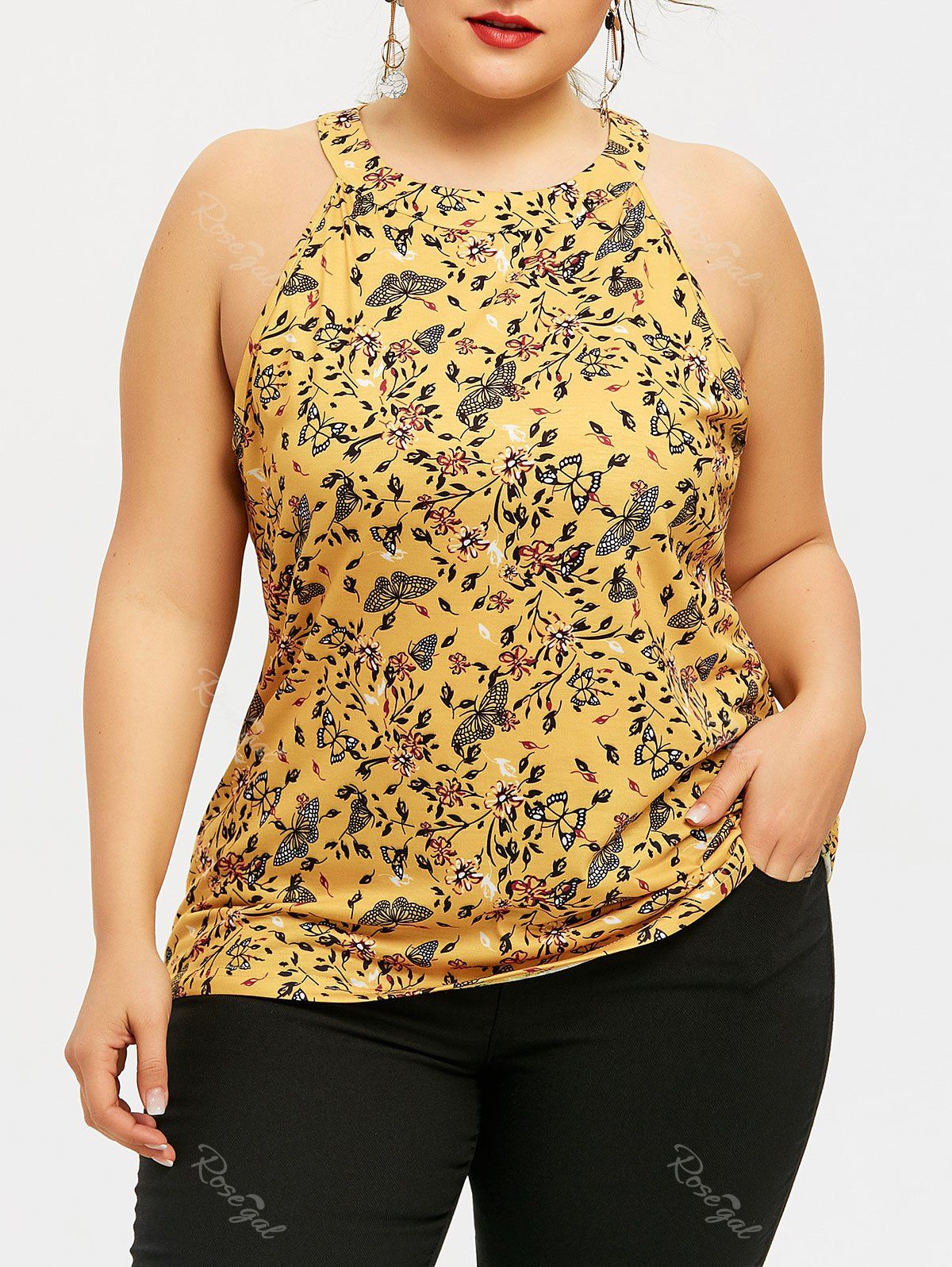 

Plus Size Printed Back Keyhole Tank Top, Yellow
