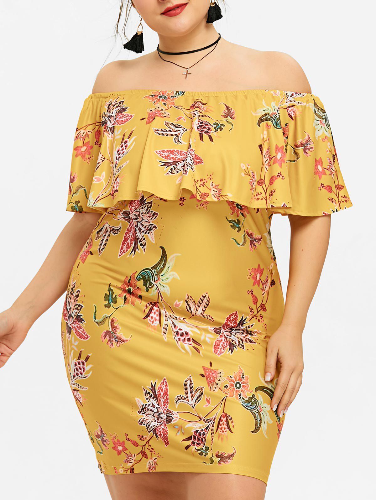 

Plus Size Printed Ruffle Hem Dress, Yellow