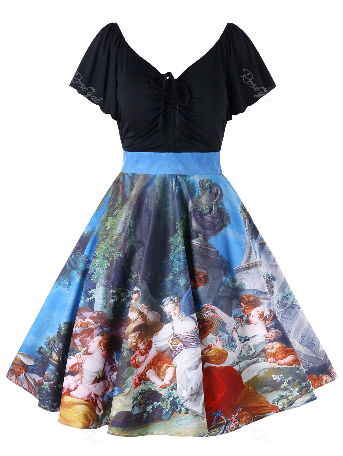 

Plus Size Butterfly Sleeve Painting Vintage Dress, Colormix