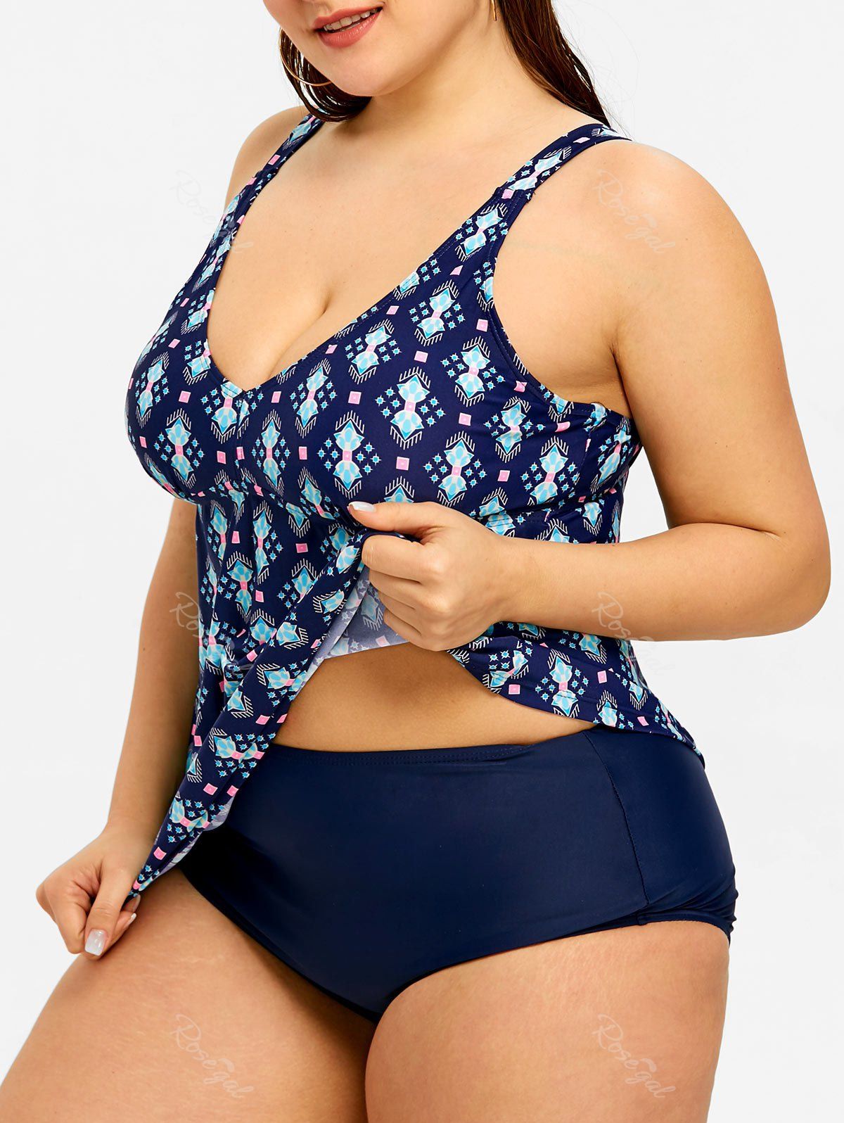 

Skirted Plus Size Print Tankini Set, Cerulean