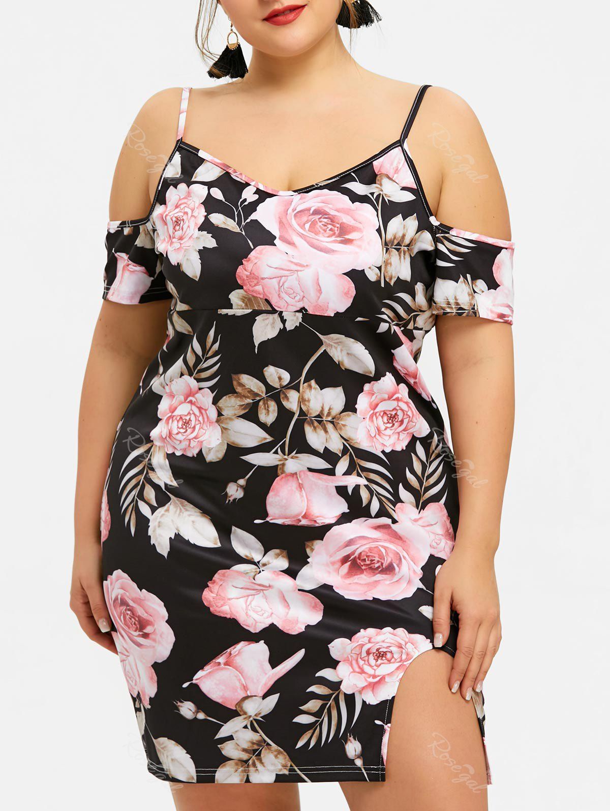

Plus Size Floral Slit Print Dress, Black