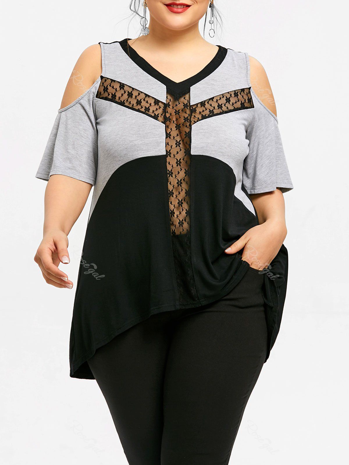 

Plus Size Two Tone Cold Shoulder T-shirt, Black and grey