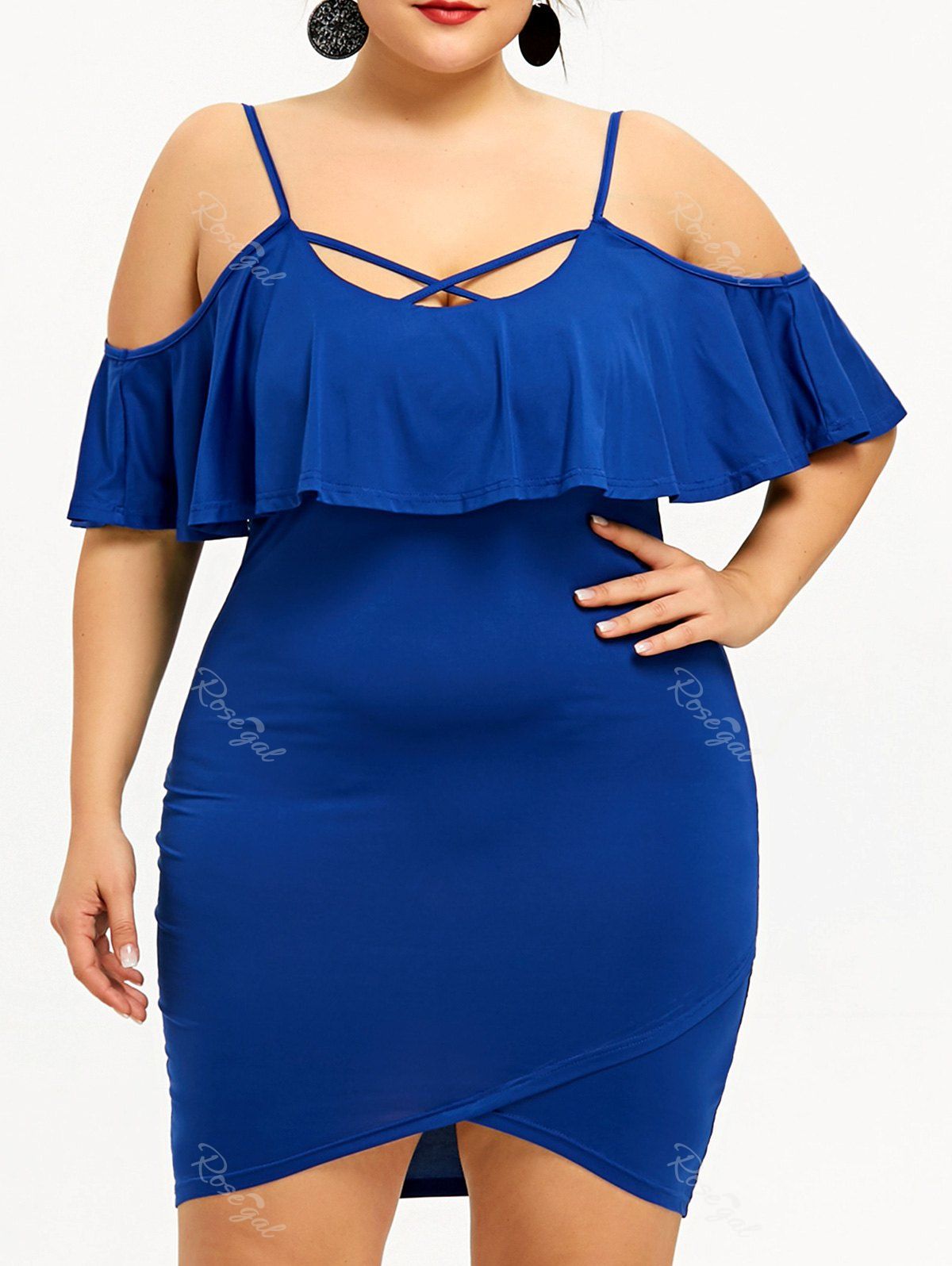 

Plus Size Ruffle Spaghetti Strap Cold Shoulder Dress, Blue