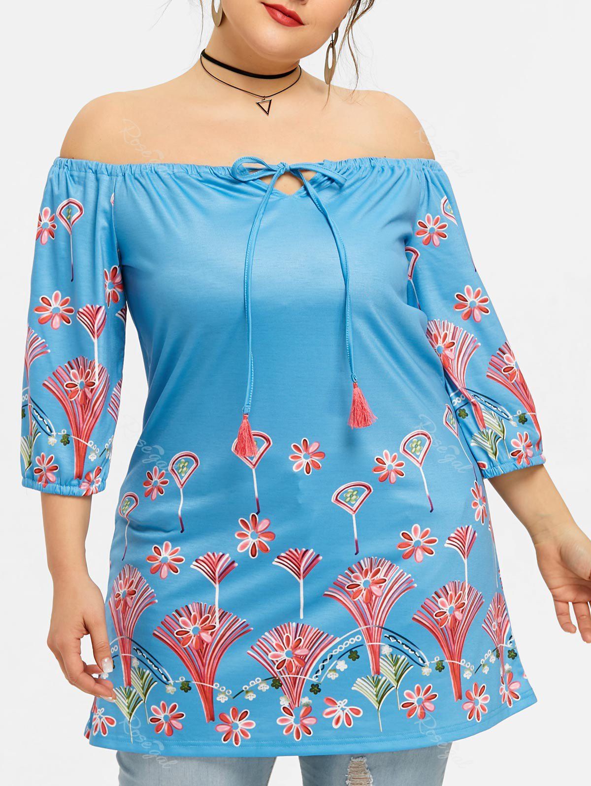 

Plus Size Printed Off The Shoulder T-shirt, Blue