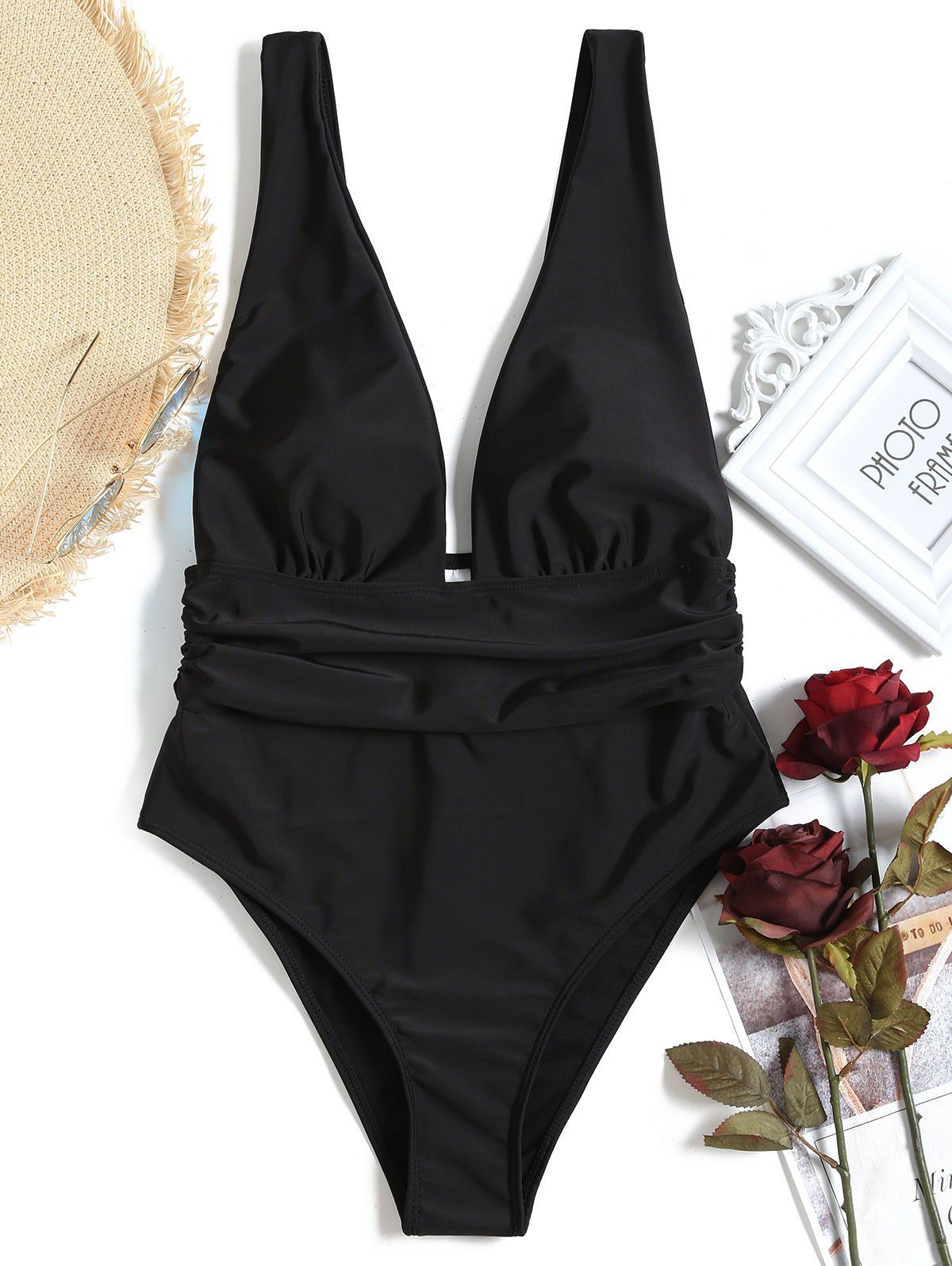

Backless Plunge Neck One Piece Swimsuit, Black