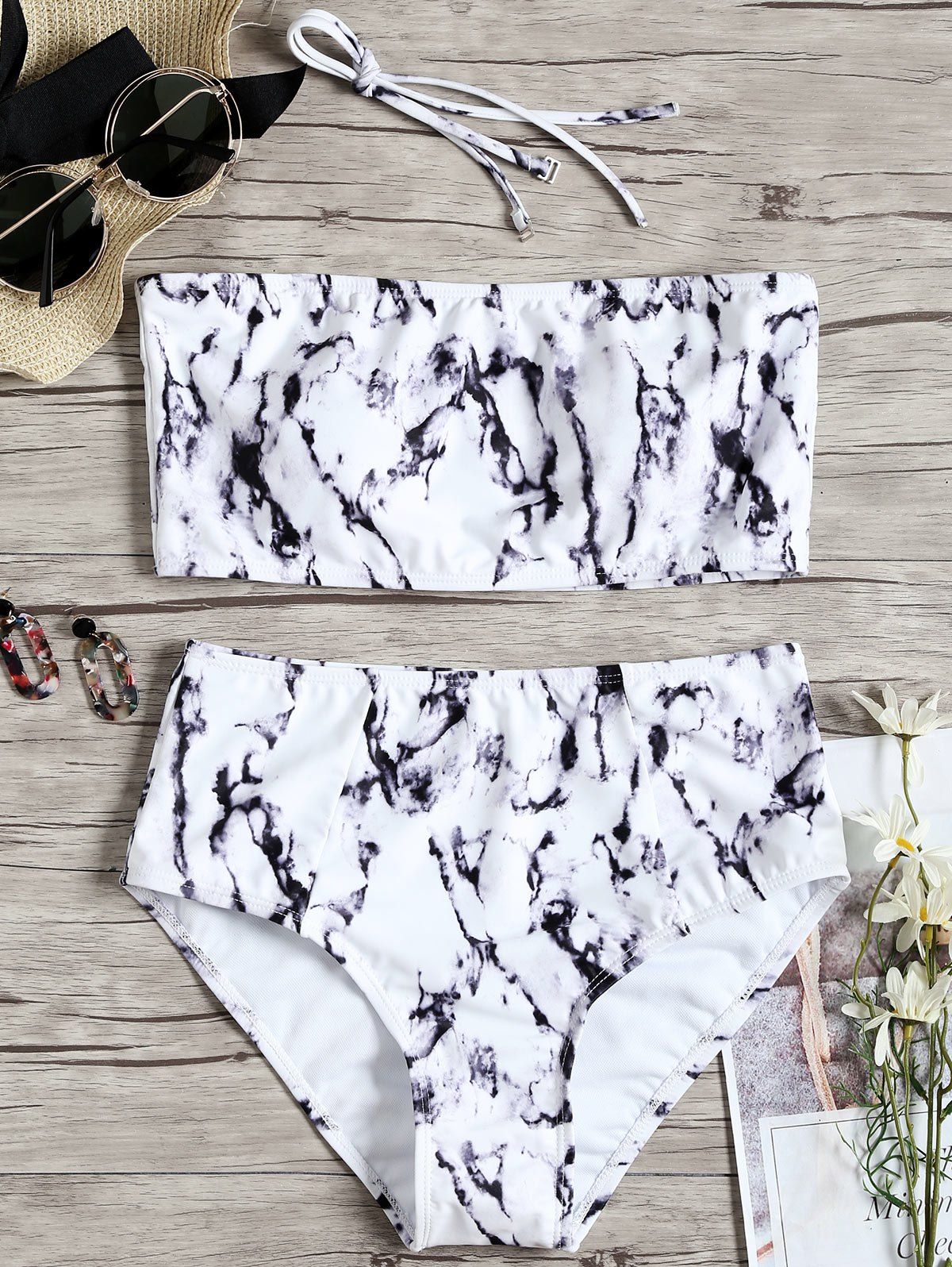 

High Waist Marble Tie Dye Bikini Set, White