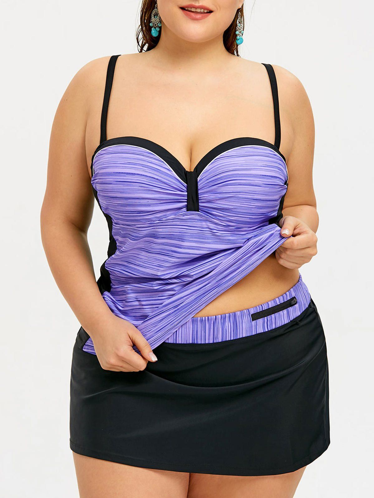 

Two Tone Plus Size Skirted Push Up Tankini, Light purple