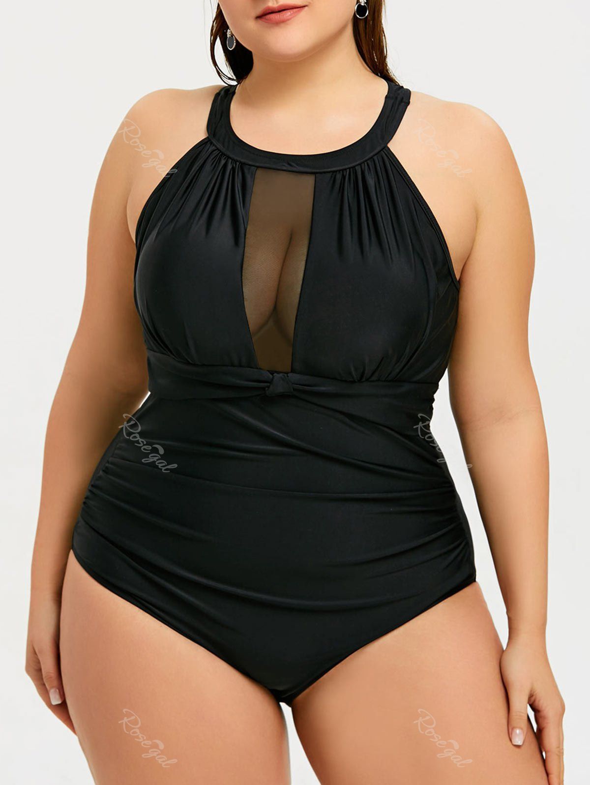 

Plus Size Mesh Insert Backless Swimsuit, Black